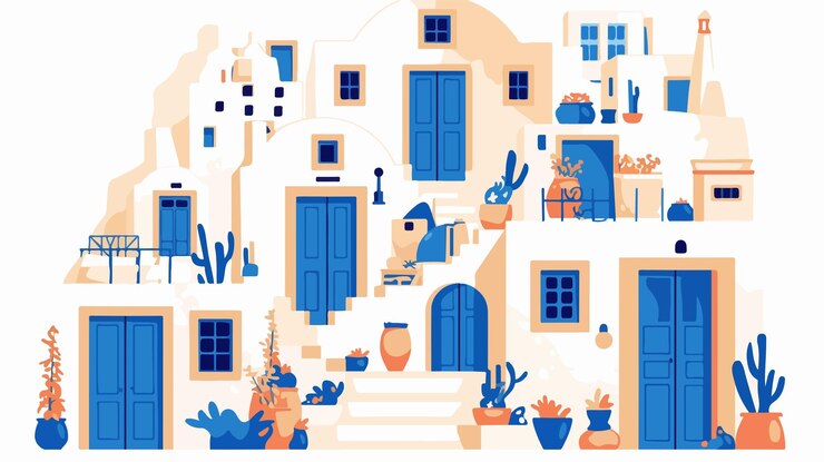 Vektor charmante alte straße im dorf akrotiri santorini ikonische architektur und landschaftliche schönheit