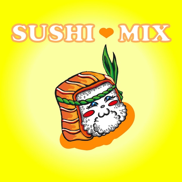 Charmante California Roll in Form einer Zeichentrickfigur mit roten Wangen auf gelbem Hintergrund Süßes Sushi kawaii xDxA