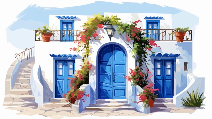 Vektor charmante traditionelle architektur im dorf akrotiri auf santorini