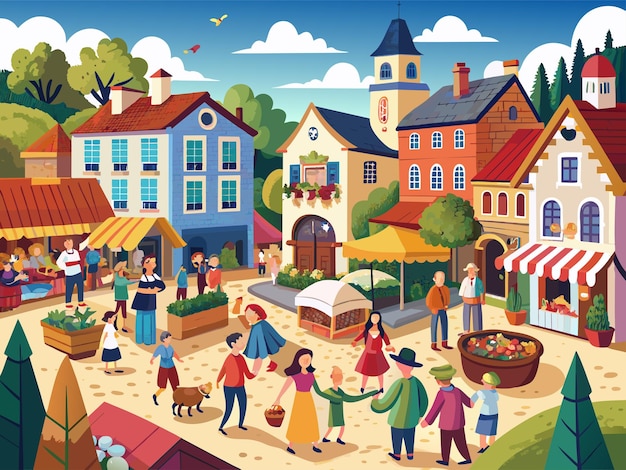 Charmanter Dorfplatz mit einem geschäftigen Markt und Straßenkünstlern Illustration
