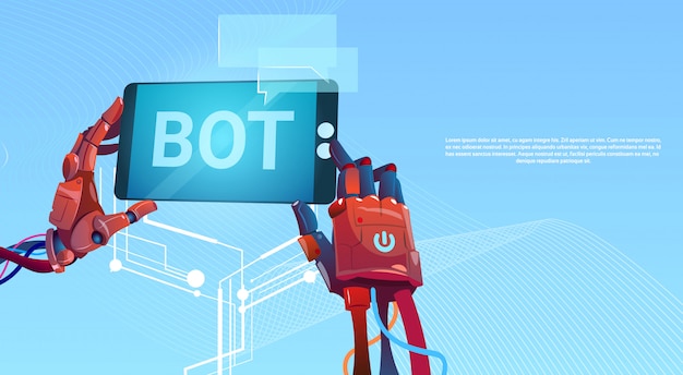 Chat Bot Hände mit Handy, virtuelle Roboterunterstützung von Websites oder mobilen Anwendungen, A
