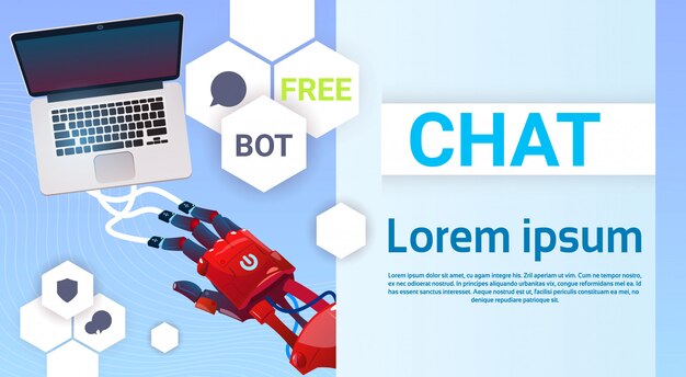 Chat-Bot-Hände mit Laptop-Computer, virtueller Roboterunterstützung von Website oder mobilen Anwendungen, Ar