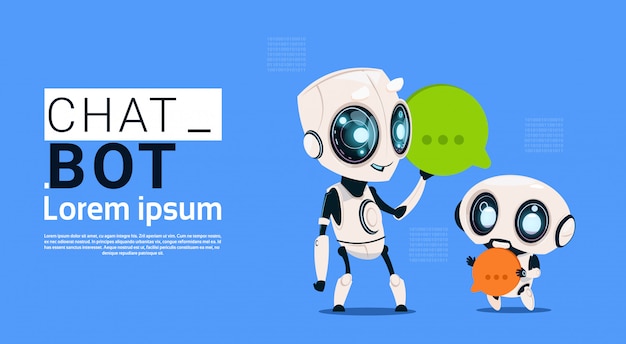 Chat bot-roboter halten sprechblase banner mit textfreiraum, chatter oder chatterbot-support-service