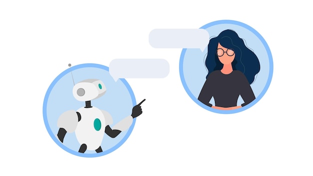 Chat-symbol. ein roboter im dialog mit einem mädchen. geeignet für apps, websites und themen rund um automatische antworten und künstliche intelligenz. vektor.