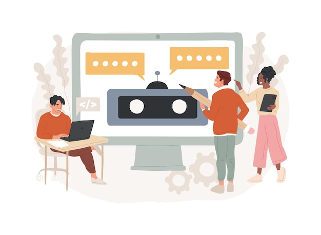 Chatbot-App-Entwicklung isoliertes Konzept Vektor-Illustration Chatbot-Anwendung Bot-Entwicklungsrahmen KI-Programmierung Messaging mobile App-Kommunikationsdienst UX-Vektorkonzept