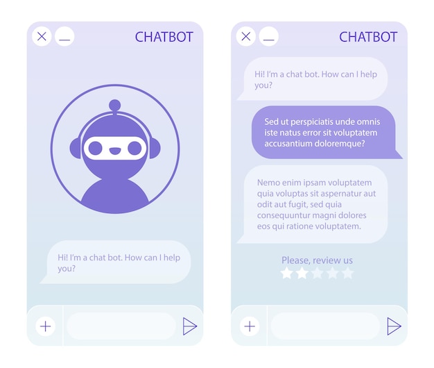 Vektor chatbot-fenster mit startseite. benutzeroberfläche der anwendung mit online-dialog. gespräch mit einem roboterassistenten