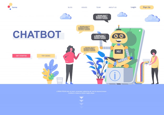 Chatbot flache Landingpage Vorlage. Entwickler programmieren Online-Chatbot-Situation. Webseite mit Personenzeichen. Künstliche Intelligenz, virtuelle Assistent Kundenunterstützung Illustration
