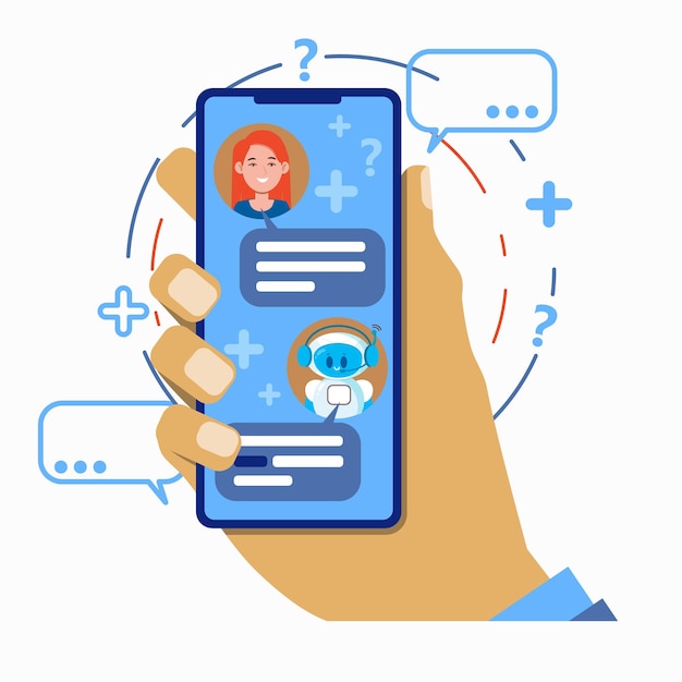 Chatbot-Konzept. Benutzer, die mit der mobilen Anwendung des Roboter-Chat-Bots auf dem Smartphone chatten.