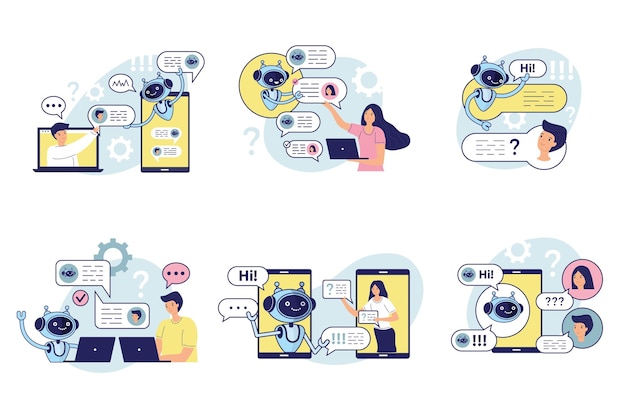 Chatbot Menschen, die sich mit Chatbot verbinden, intelligenter Kommunikationsdienst, Dialog, jüngster Vektor, flache Illustrationen, Satz