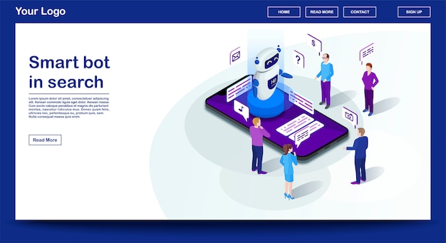 Chatbot-webseiten-vektorschablone mit isometrischer illustration