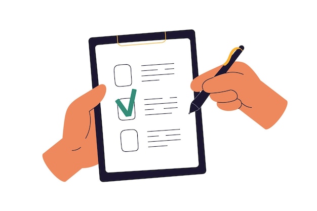 Checkliste auf der Ausschlagtafel Ticken der Hände Markierung auf Papier Checkliste Ausfüllung des Fragebogens Erhebungsformular Dokument Auswahl der Option Flache Vektorillustration isoliert auf weißem Hintergrund