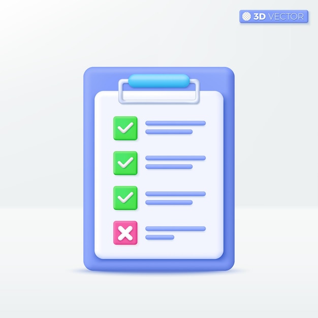 Checkliste für 3D-Clipboard Papier-Symbol Dokument in Testform Fragebogen mit Anmerkungen Planung und Organisation der Arbeit Konzept 3D-Vektor isolierte Illustration Karikatur Pastell Minimalstil