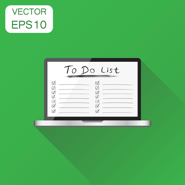 Checkliste mit dem Laptop-Ikonen Geschäftskonzept Aufgabe Laptop Piktogram Vektor-Illustration auf grünem Hintergrund mit langem Schatten