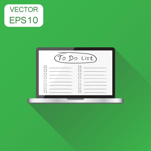 Checkliste mit dem Laptop-Ikonen Geschäftskonzept Aufgabe Laptop Piktogram Vektor-Illustration auf grünem Hintergrund mit langem Schatten