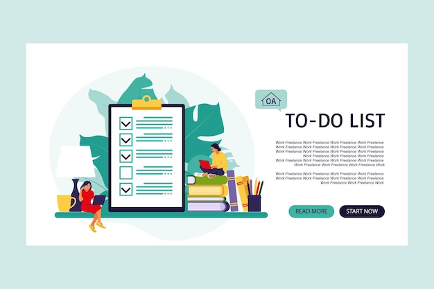 Checkliste, To-Do-Liste. Landingpage. Listen- oder Notizblockkonzept. Geschäftsidee, Planung oder Kaffeepause. Vektor-Illustration. Flacher Stil.