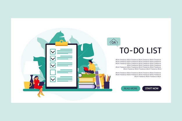 Checkliste, to-do-liste. landingpage. listen- oder notizblockkonzept. geschäftsidee, planung oder kaffeepause. vektor-illustration. flacher stil.