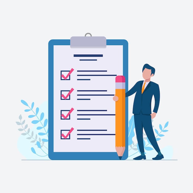 Checkliste, um Liste mit Geschäftsmann auf flacher Entwurfsillustration zu tun