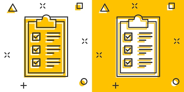 Checkliste zwischenablage zeichen symbol im comic-stil dokumentenliste vektor cartoon illustration auf weißem, isoliertem hintergrund fragebogen notizblock geschäftskonzept splash-effekt