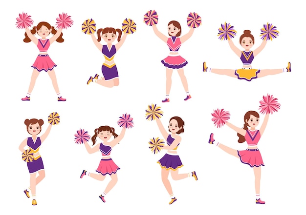 Cheerleader-Mädchen mit tanzenden und springenden Pompoms zur Unterstützung des Mannschaftssports auf Illustration