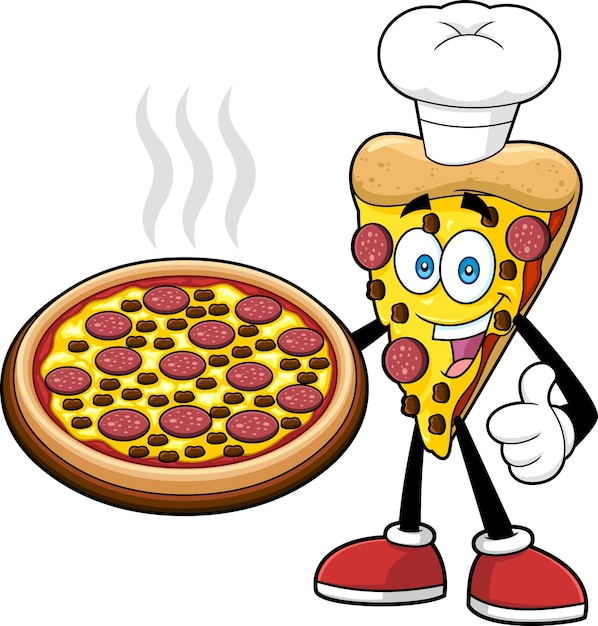Chef pizza slice zeichentrickfigur präsentiert die beste pepperoni-pizza