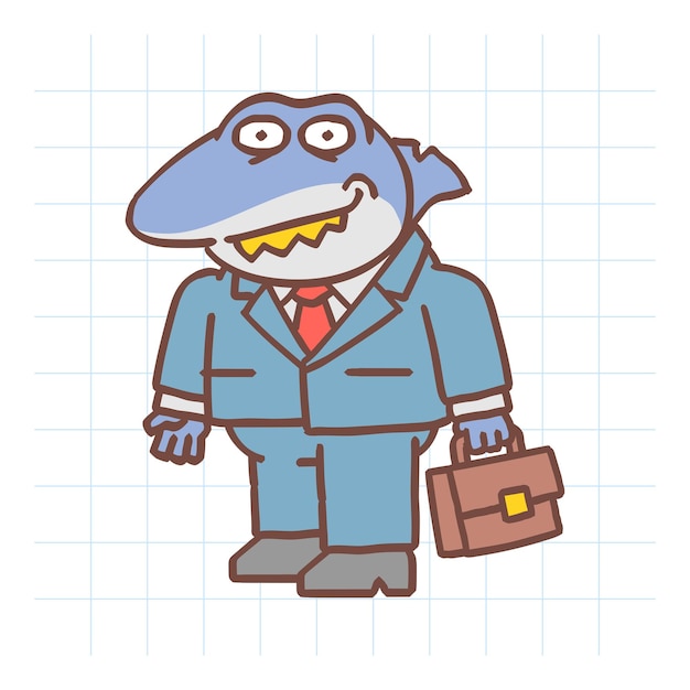 Chefhai, der koffer hält und lächelt. handgezeichneter charakter. vektor-illustration