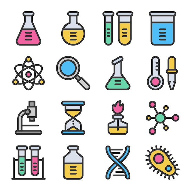Chemie-Wissenschaftslabor bunte Vektor Icon-Set mit Umriss. Pharmazie und Chemie, Bildung und Wissenschaft Elemente und Ausrüstung