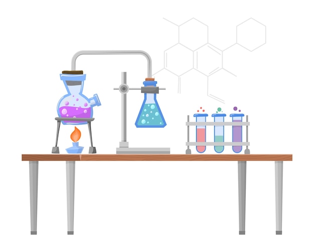 Vektor chemielabor auf dem schreibtisch. wissenschaftliches experiment. flüssigkeit im kolbenglas. vektorillustration