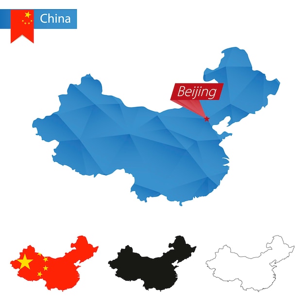 China blaue low-poly-karte mit hauptstadt peking