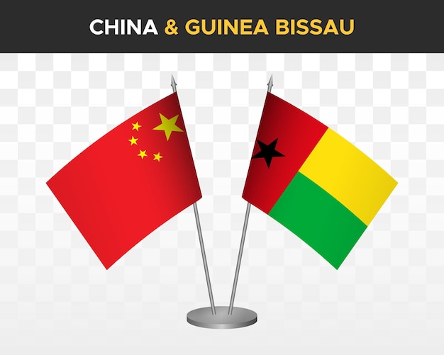 China vs guinea-bissau schreibtischflaggen mockup isolierte 3d-vektorillustration chinesische tischflaggen