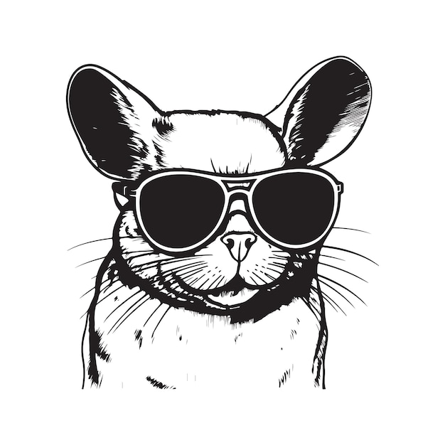 Chinchilla mit Sonnenbrille, Vintage-Logo, Strichzeichnungen, Konzept, schwarz-weiße, handgezeichnete Illustration