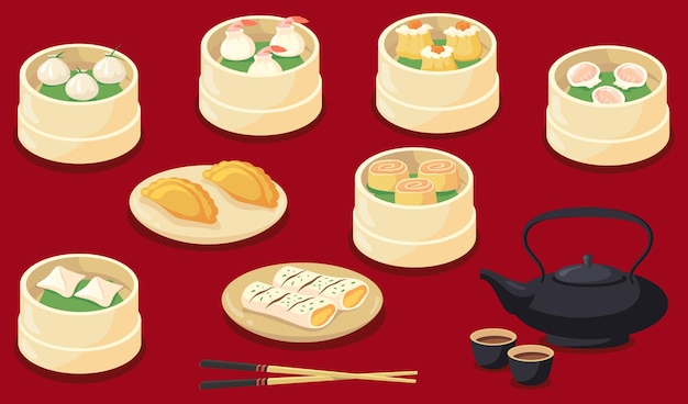 Vektor chinesen oder taiwan servierten flache illustrationen. traditionelle asiatische knödel der karikatur und dim sum lokalisiert auf rot