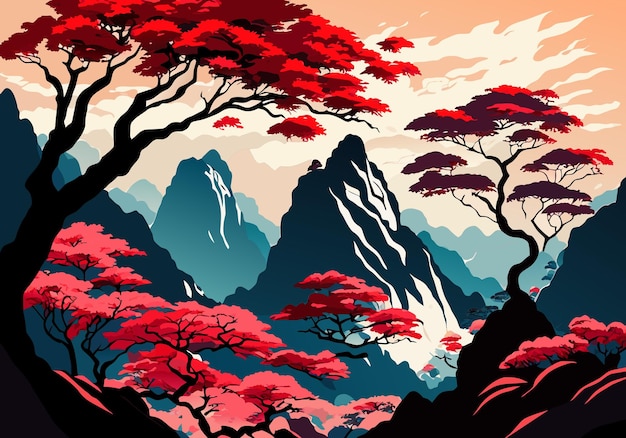 Chinesische bergbaumlandschaft im aquarell-tintenstil