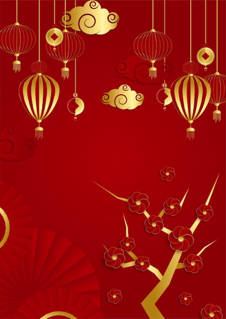 Chinesische hintergrundschablone des roten und goldenen papierschnitts. Universaler roter und goldener Hintergrund des chinesischen Porzellans mit Laterne, Blume, Baum, Symbol und Muster.