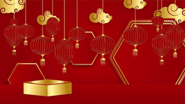 Chinesische hintergrundschablone des roten und goldenen papierschnitts. universaler roter und goldener hintergrund des chinesischen porzellans mit laterne, blume, baum, symbol und muster.