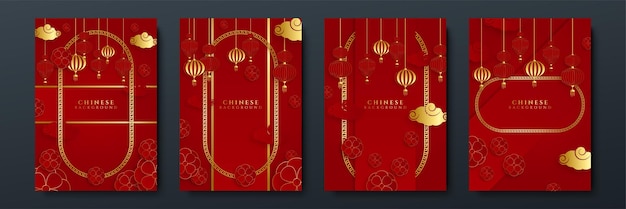 Chinesische hintergrundschablone des roten und goldenen papierschnitts. universaler roter und goldener hintergrund des chinesischen porzellans mit laterne, blume, baum, symbol und muster.