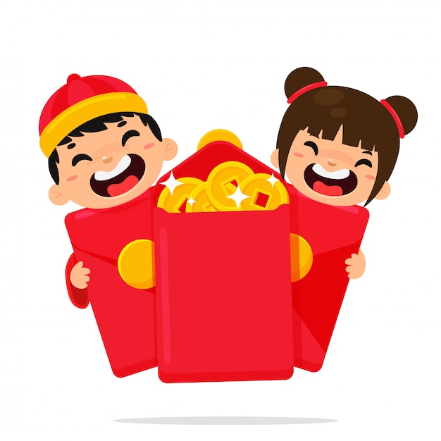Chinesische karikaturkinder, die glücklich sind, nachdem ein angpao empfangen worden ist