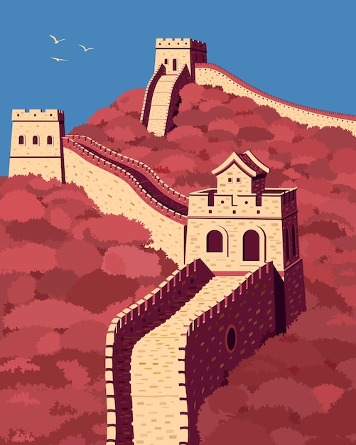 Chinesische Mauer in 3 Farben Wahrzeichen von China Vector Illustration