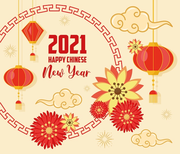 Chinesische neujahrskarte 2021 mit hängenden blumen und lampen