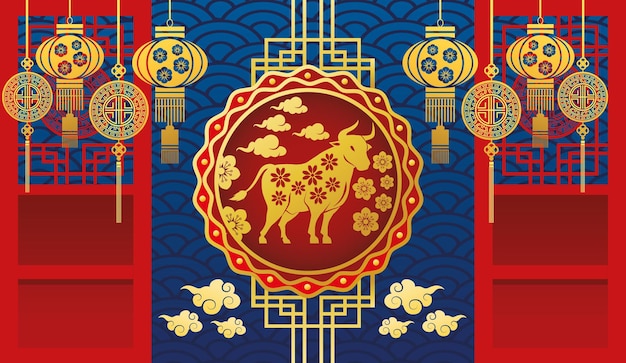 Chinesische neujahrskarte mit hängender illustration des goldenen ochsen und der lampen