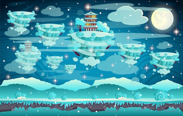 Chinesische winterpagode auf einem berg. karikaturillustration nahtloser hintergrund für spiele.