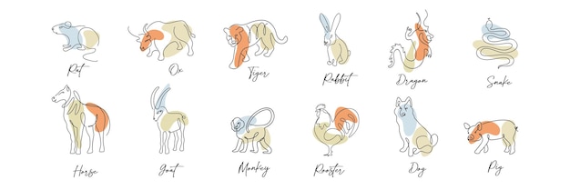 Chinesische Zodiac-Symbole unterzeichnen das Horoskop im Linienkunststil mit Boho-Farben