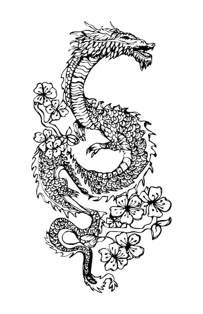 Vektor chinesischer drache mit pfirsichblüte und wolkentätowierung.