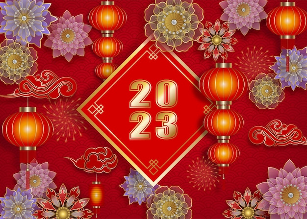 Chinesischer hintergrund des neuen jahres mit roten laternen und bunten blumen. chinesische neujahrskarte