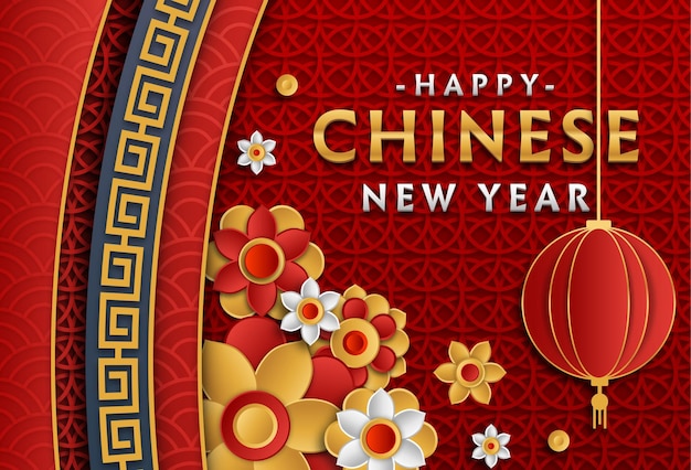 Chinesischer neujahrshintergrund mit blumen- und asiatischer verzierungsvektorillustration