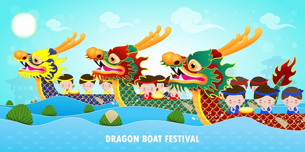 Chinesisches drachenboot-rennfestival mit reisknödel, niedliches charakterdesign happy dragon-bootsfestival auf hintergrundgrußkartenillustration. übersetzung: drachenbootfestival