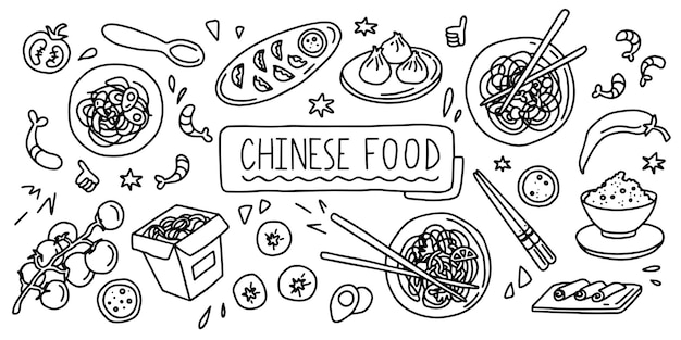 Vektor chinesisches essen einfache gekritzel-umriss-stil vektor-lager-schwarz-weiß-illustration