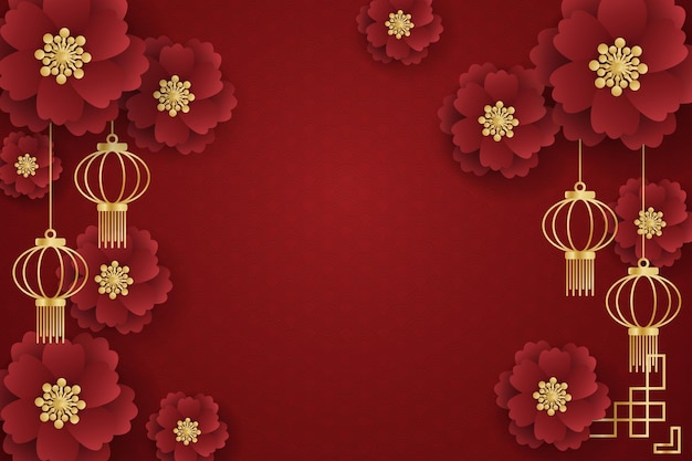 Chinesisches festival-banner-design aus roten blumen mit goldener laterne auf rotem hintergrund