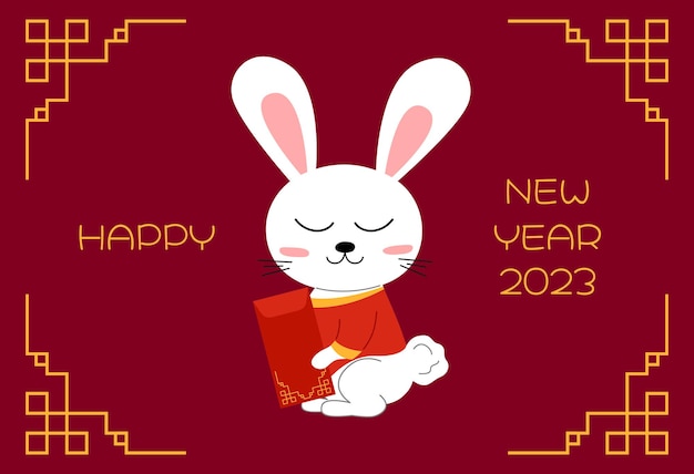 Vektor chinesisches kaninchen 2023 symbol niedliches cartoon-weißes kaninchen in chinesischer kleidung mit rotem umschlaggeschenk lustiger glücklicher häschencharakter sitzt und lächelt auf rotem hintergrund vektor-flachbild-illustration