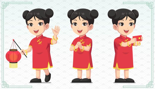 Vektor chinesisches mädchen-charakterpaketgong xi fa cai chinesisches neujahr