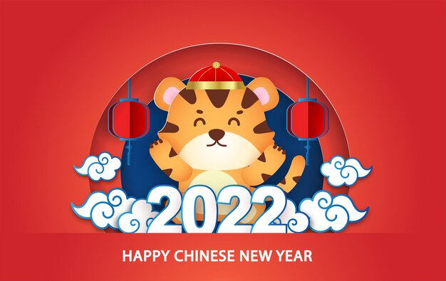 Chinesisches neujahr 2022 jahr der tiger-grußkarte im scherenschnitt-stil